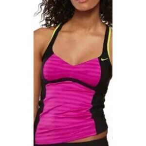 EUC Fuchsia Pink & Black Stripe Nike Padded Tankini Sport Swim Top Wire Free